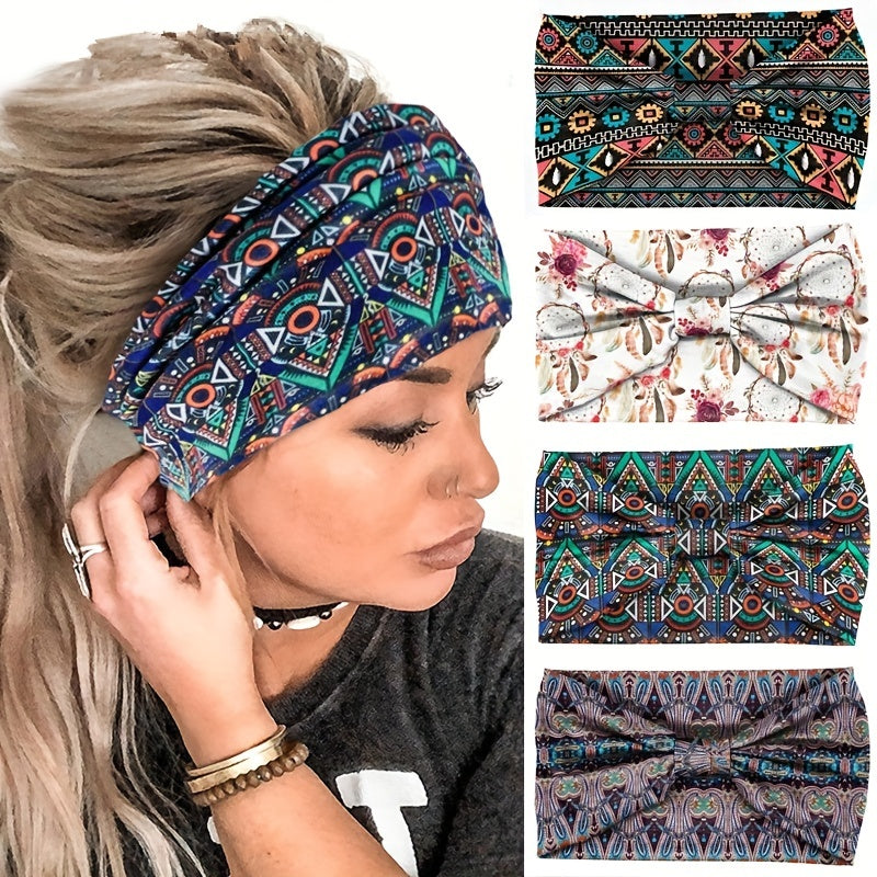 Boho Style Printed Elastic Knotted Headband Wide Brim Hairband