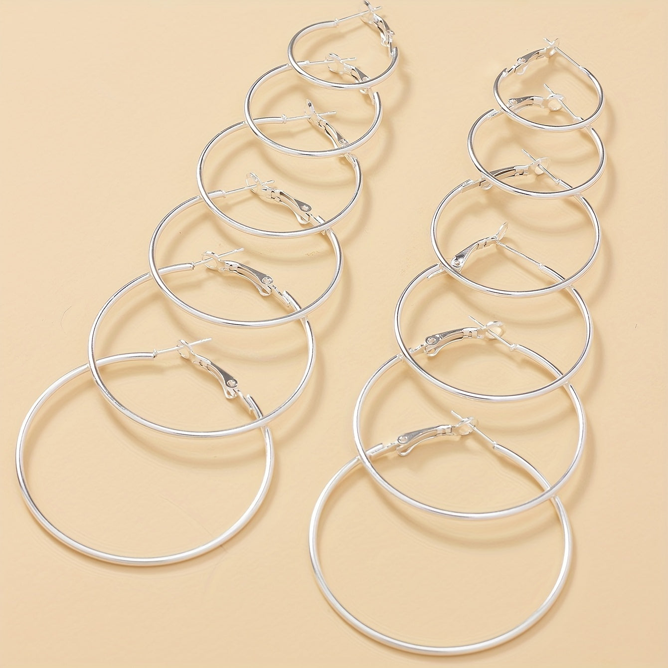 6 Pairs Silvery Big Circle Hoop Earrings Stainless Steel Silver Plated Jewelry