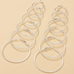 6 Pairs Silvery Big Circle Hoop Earrings Stainless Steel Silver Plated Jewelry