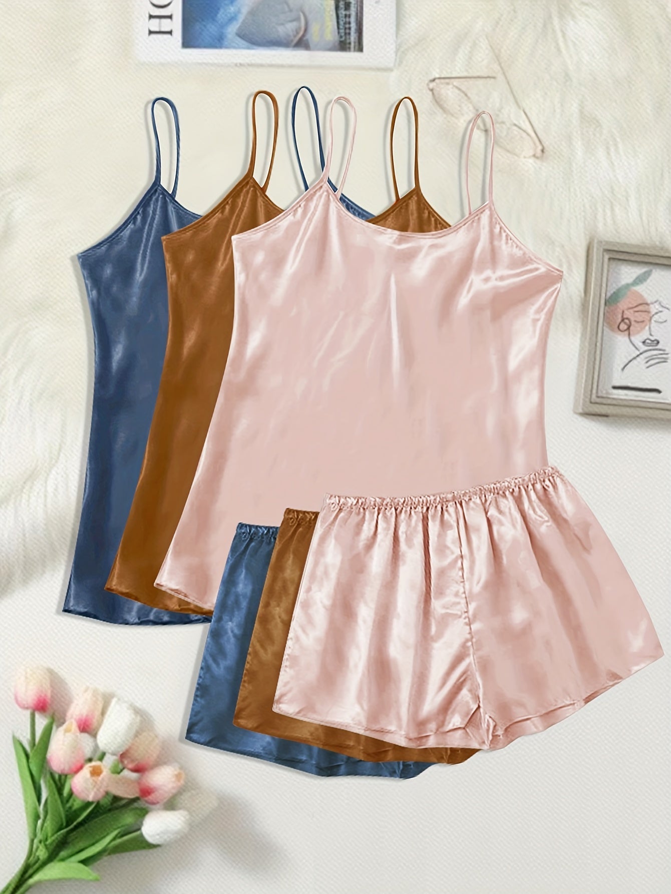 6 Pcs Plus Size Satin Cami Top & Shorts Pajamas Set