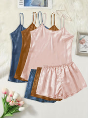 6 Pcs Plus Size Satin Cami Top & Shorts Pajamas Set