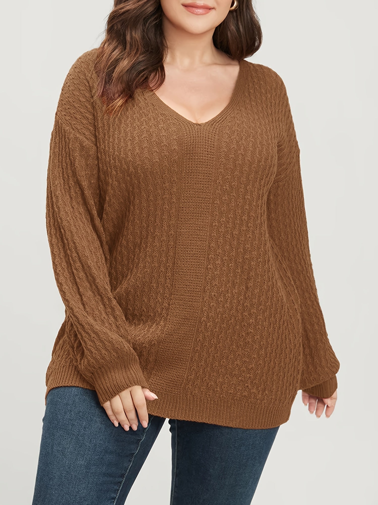  Solid Jacquard Long Sleeve V Neck Knit Top