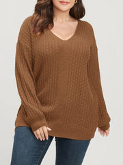  Solid Jacquard Long Sleeve V Neck Knit Top