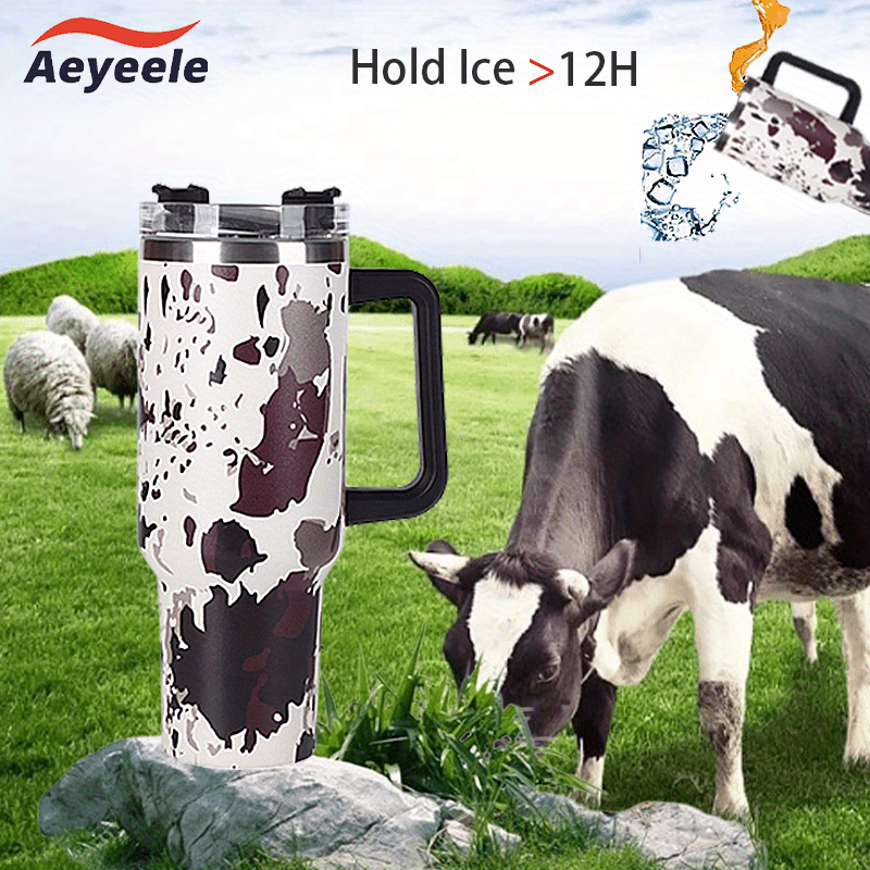 40oz Cow Print Insulated Tumbler with Handle & Straw Lid