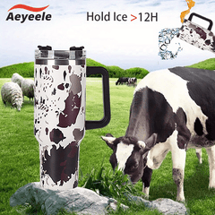 40oz Cow Print Insulated Tumbler with Handle & Straw Lid