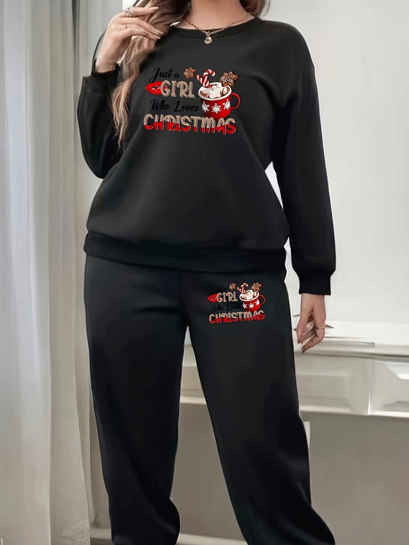 Women's Plus Lollipop & Cup Print Fleece Pullover & Joggers Set