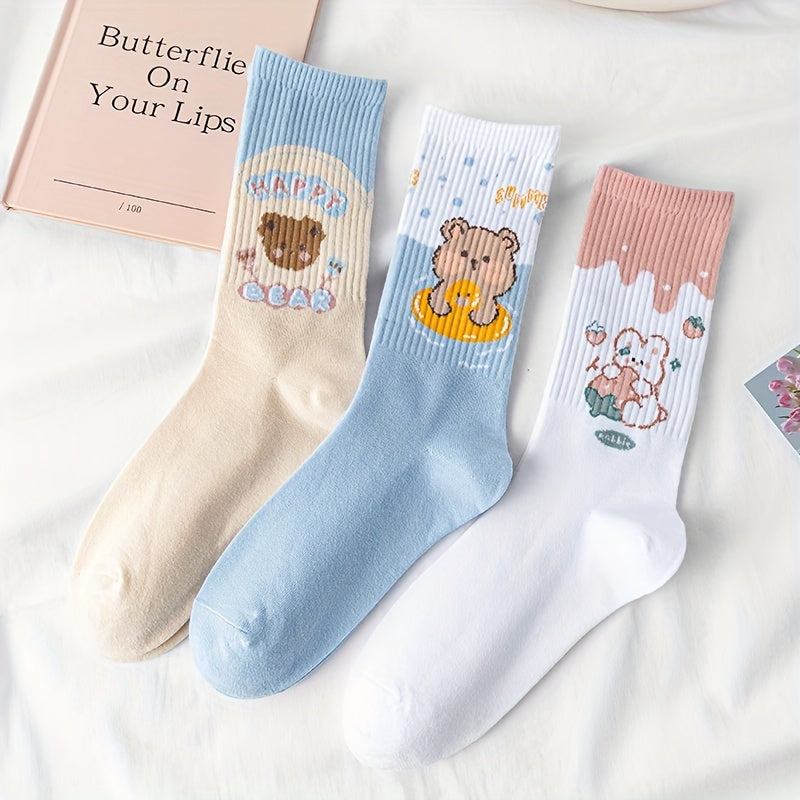 3 Pairs Bear & Bunny Crew Socks Women's Stockings