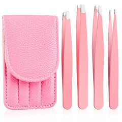 4pcs Stainless Steel Tweezers Set with Travel Case for Hair Removal