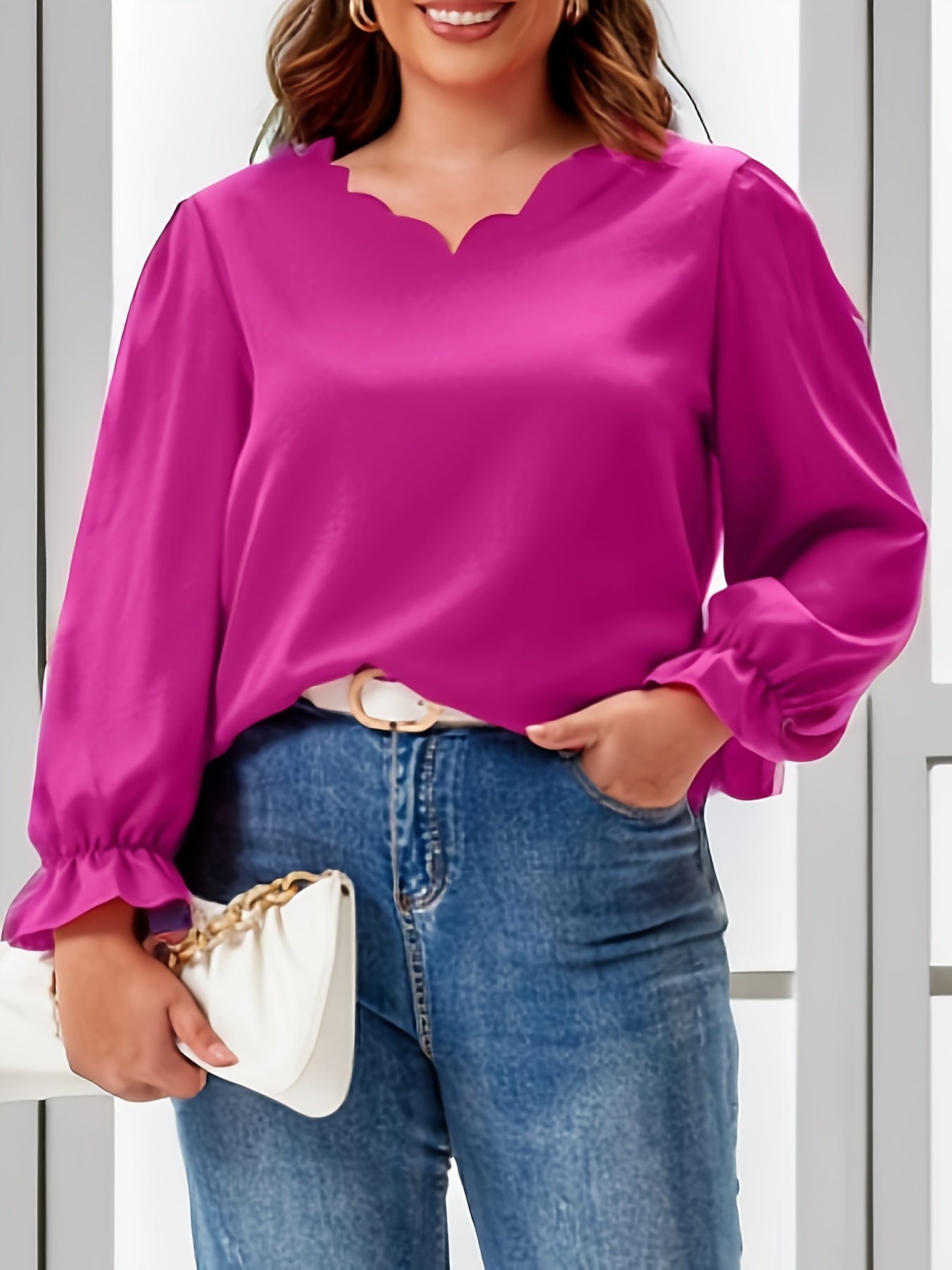  Solid Lantern Sleeve V Neck Top