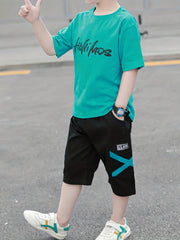 Boys Cartoon & Letter TShirt Set Round Neck Tees Top & Elastic Waist Shorts