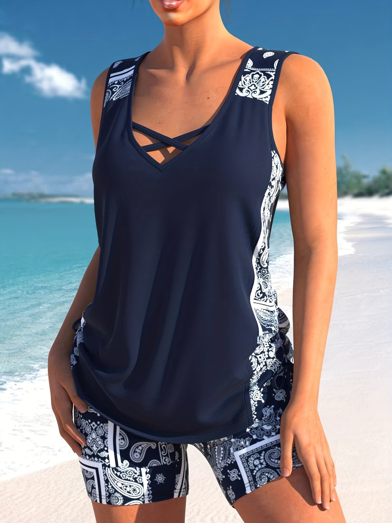  Boho Tankini Set Paisley Lace Up Side Tank Top & Shorts Swimsuit