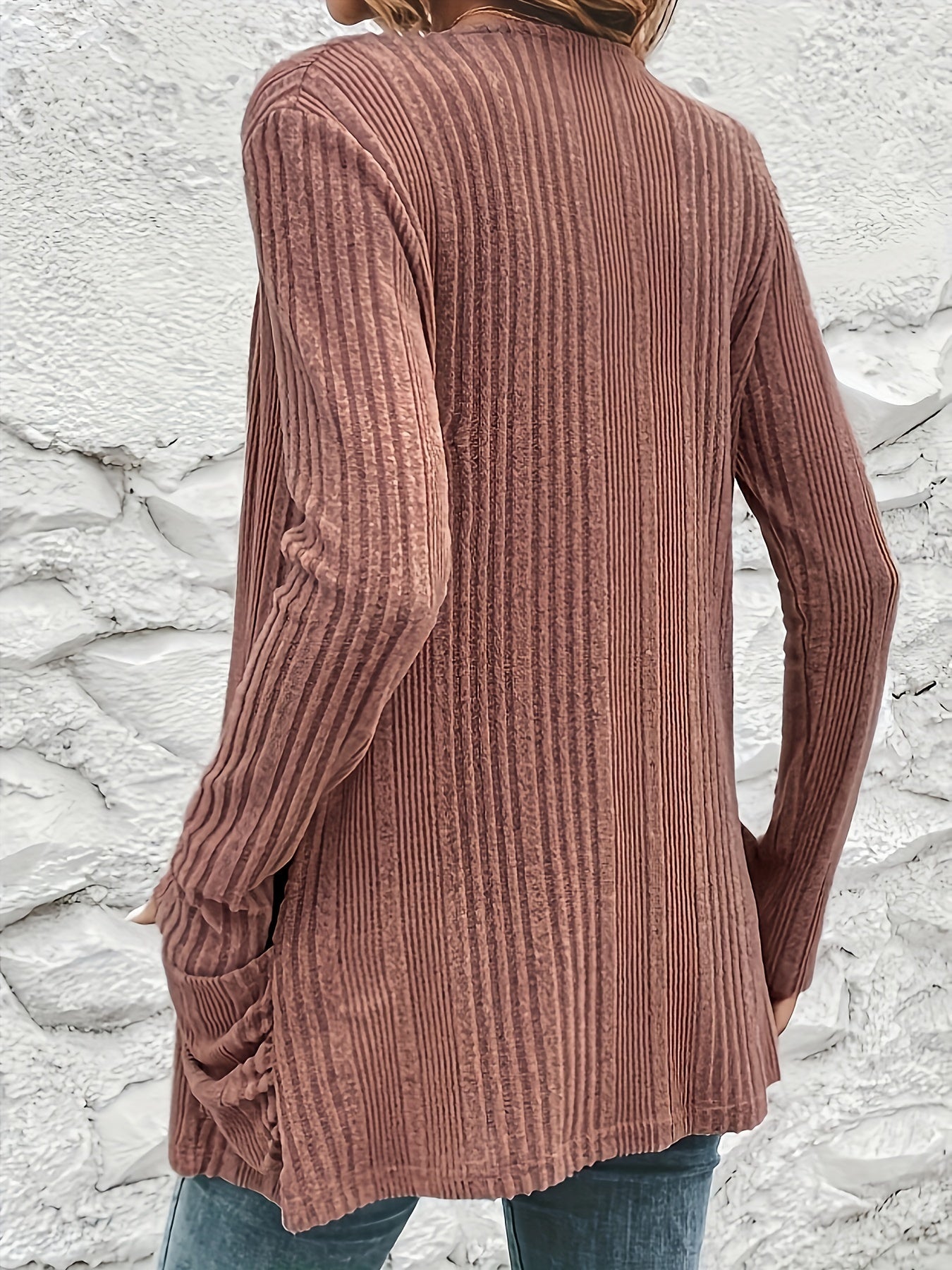  Solid Long Sleeve Open Front Cardigan With Pockets
