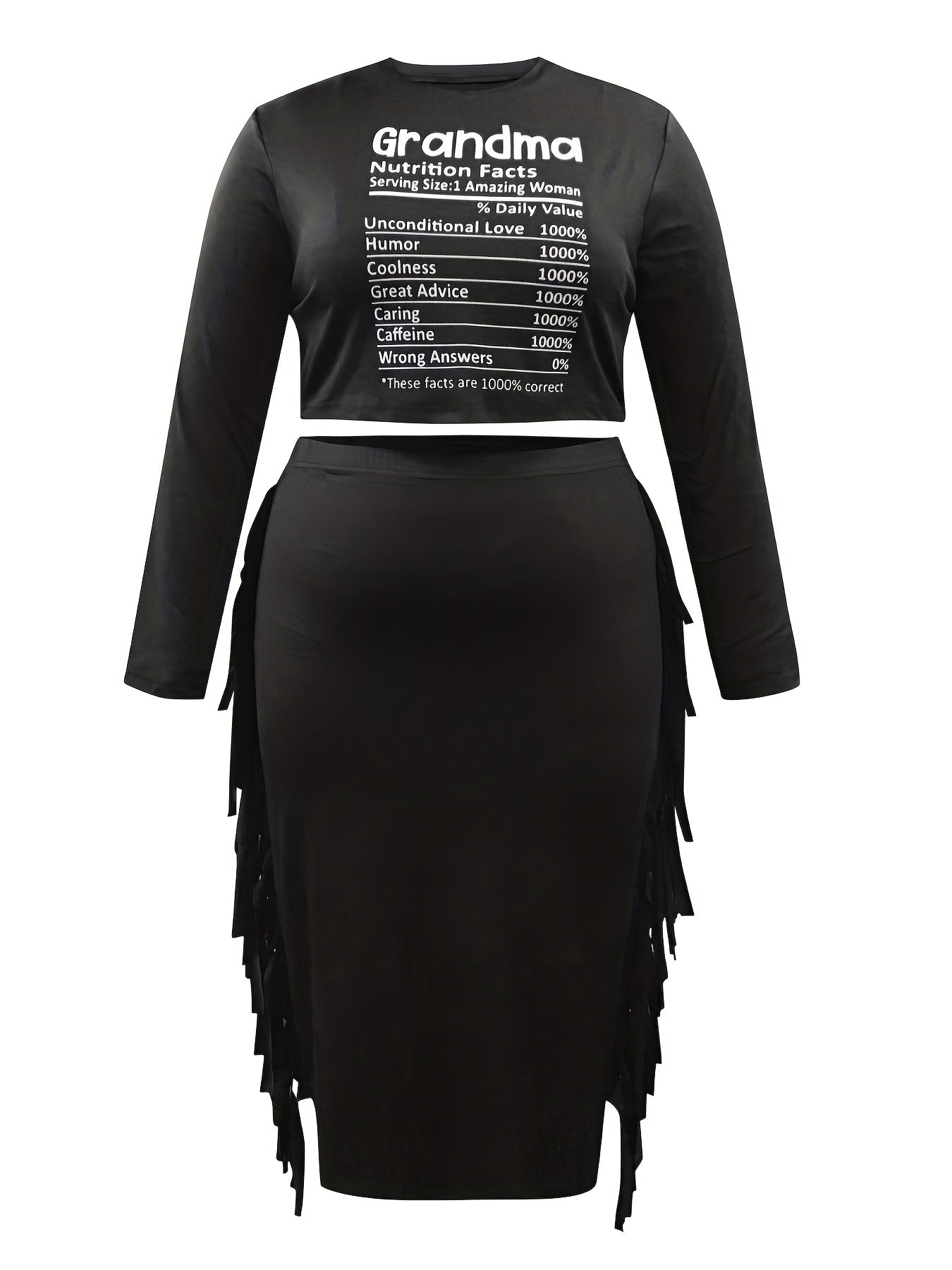  Letter Print Crop Tee & Fringe Trim Skirt Set