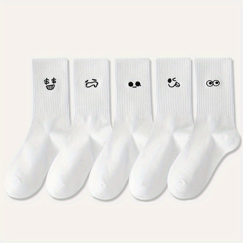 5 Pairs Expression Print Ribbed Socks for Women