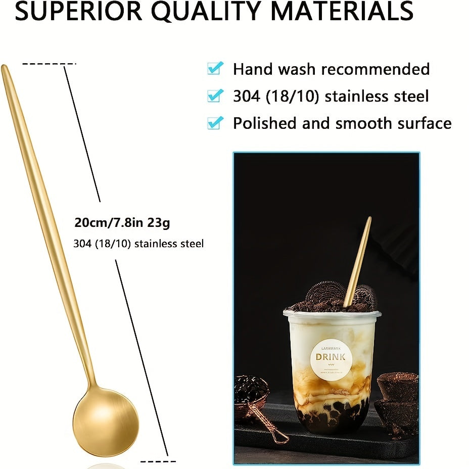 6pcs Stainless Steel Ice Tea Spoons Long Handle Golden Mirror Finish