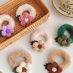 2 Pcs Fluffy Knitted Flowers Hair Tie Hair Rope for Girls