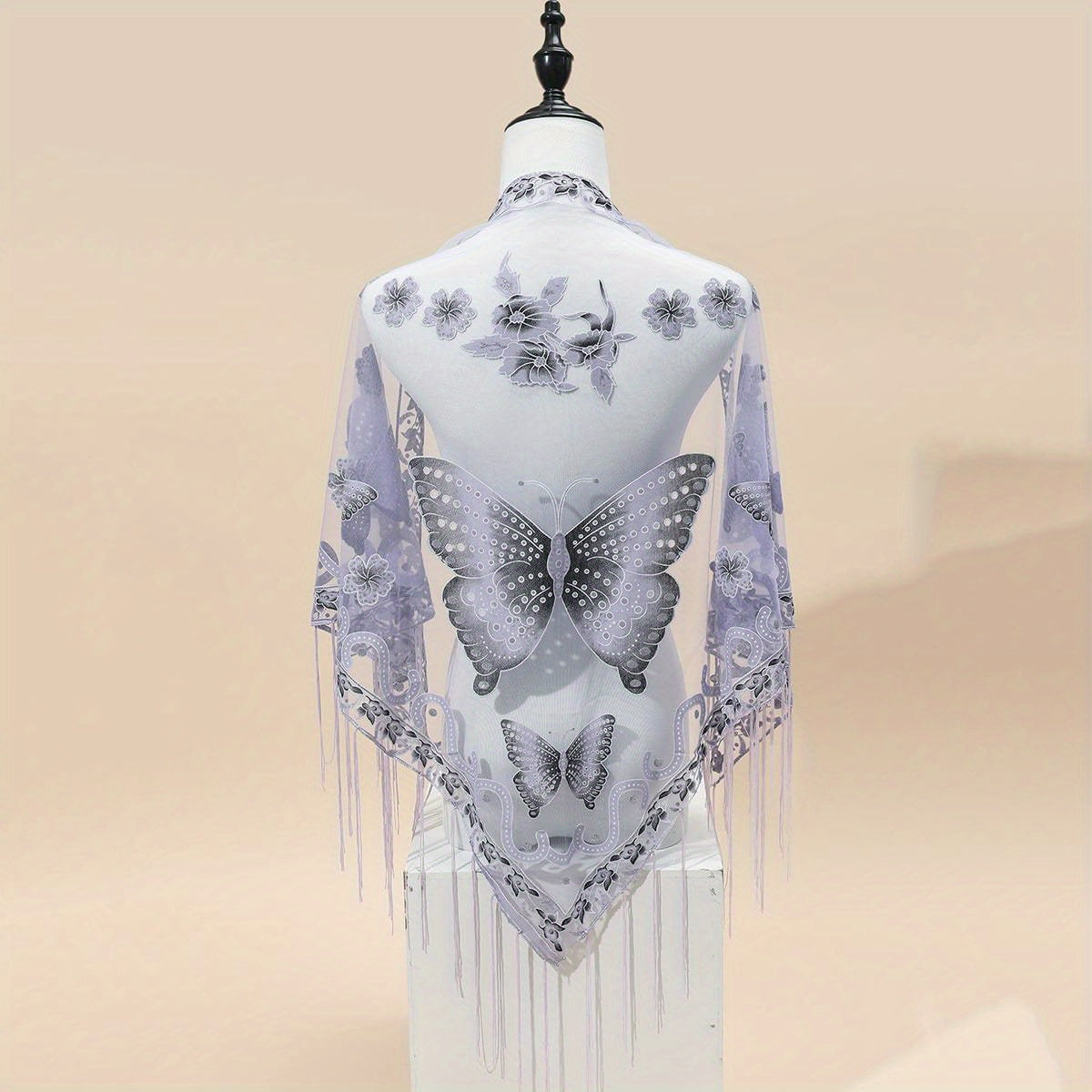Triangle Scarf Butterfly Flower Embroidery Lace Tassel Shawl