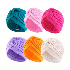 6pcs Pleated Bowknot Turban Cap Solid Elastic Head Wrap Hijab