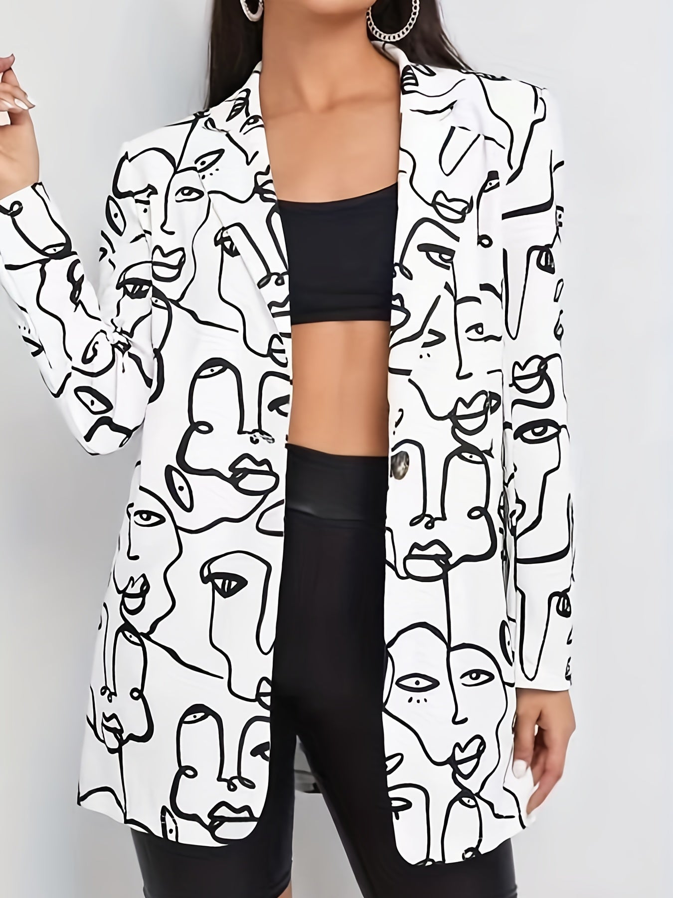  Abstract Figure Print Blazer Long Sleeve Lapel Collar