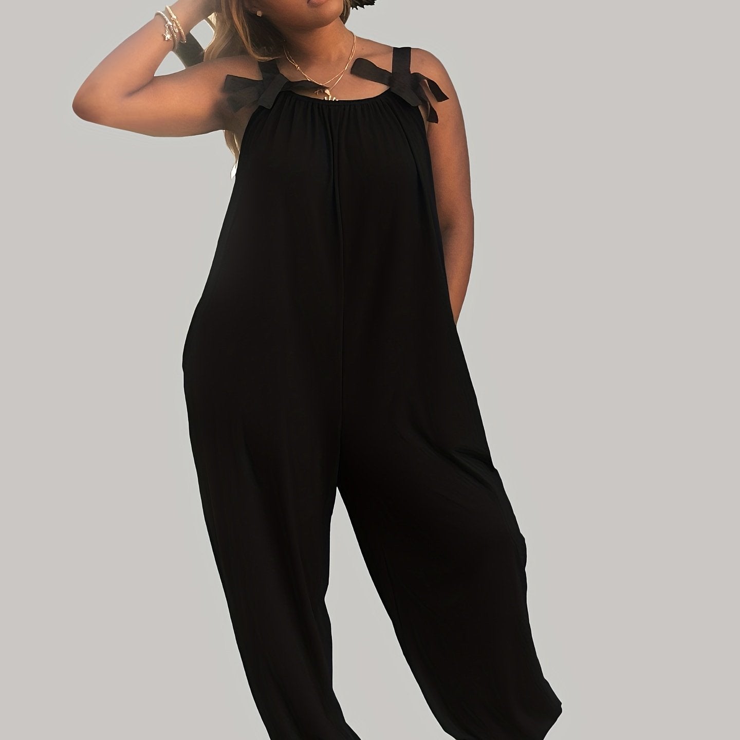 Casual Sleeveless Jumpsuit Solid Loose Bow Strap Jumpsuit