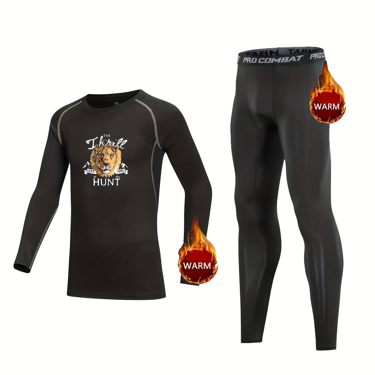Kids Compression Fleece Sets Lion Pattern Crew Neck Pullover & Matching Pants