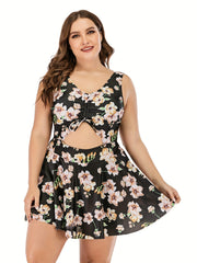  Floral One Piece Swimsuit with Cut Out Drawstring