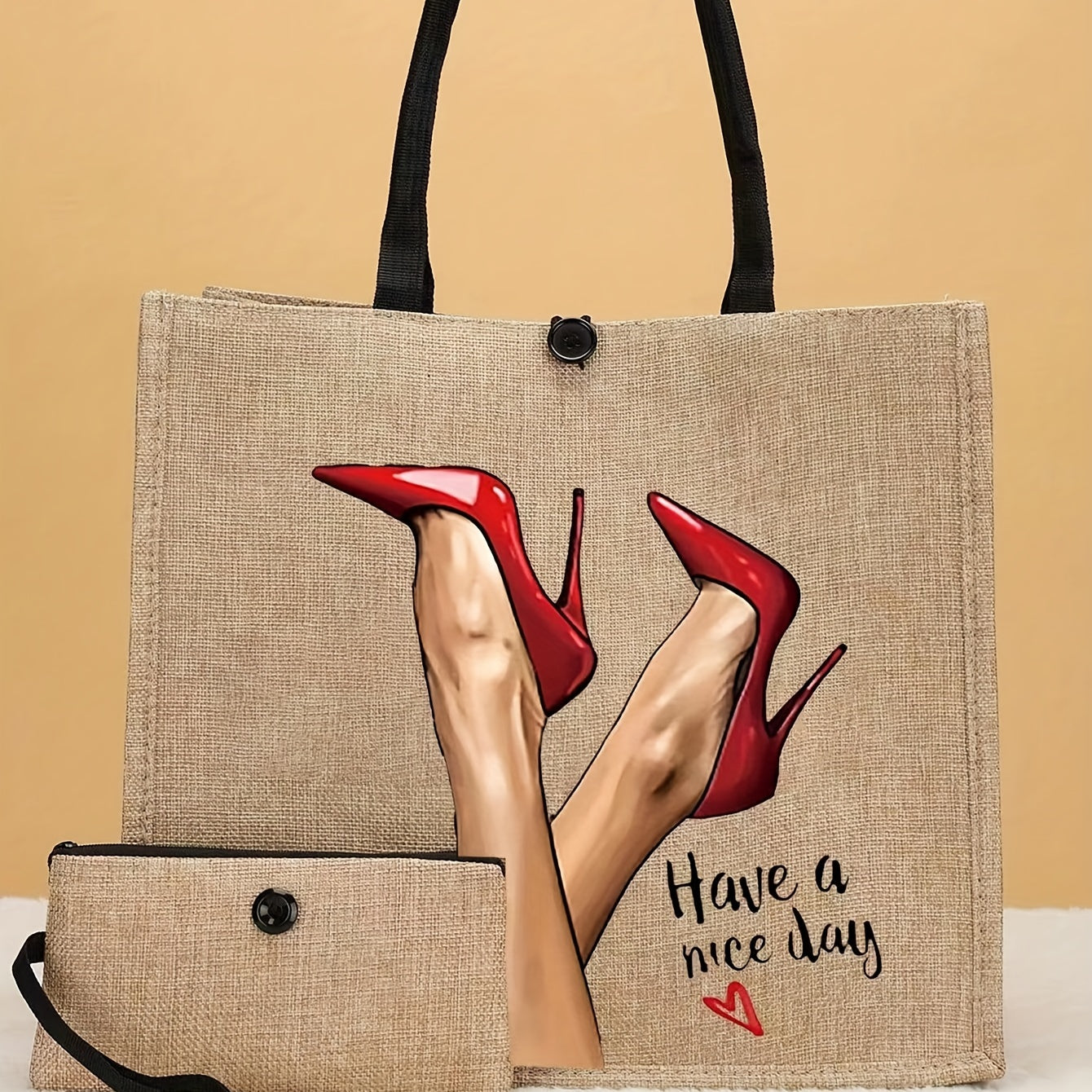 2pcs High Heels Pattern Canvas Tote Bag with Wristlet
