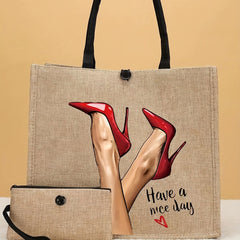 2pcs High Heels Pattern Canvas Tote Bag with Wristlet