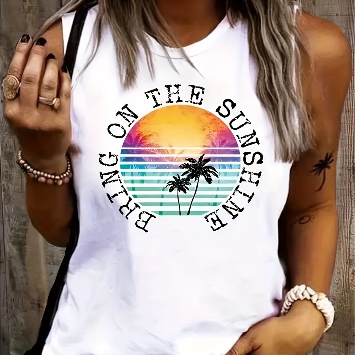  Tropical Slogan Print Tank Top Womens Casual Round Neck Stretch