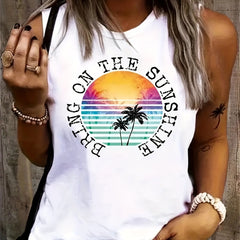  Tropical Slogan Print Tank Top Womens Casual Round Neck Stretch