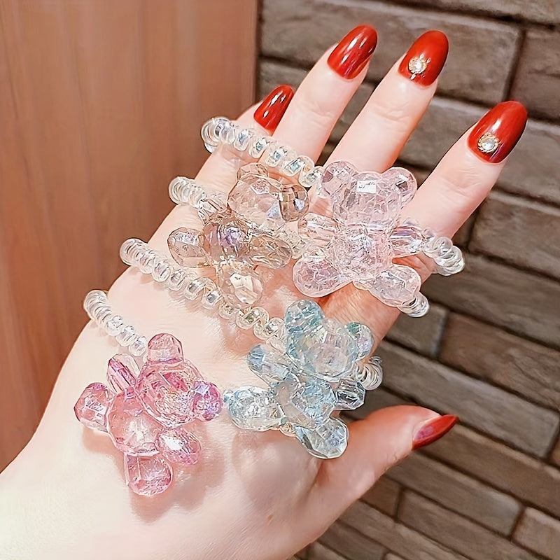 Crystal Bear Decor Spiral Hair Tie Holographic Hair Rope Elastic Ponytail Holder