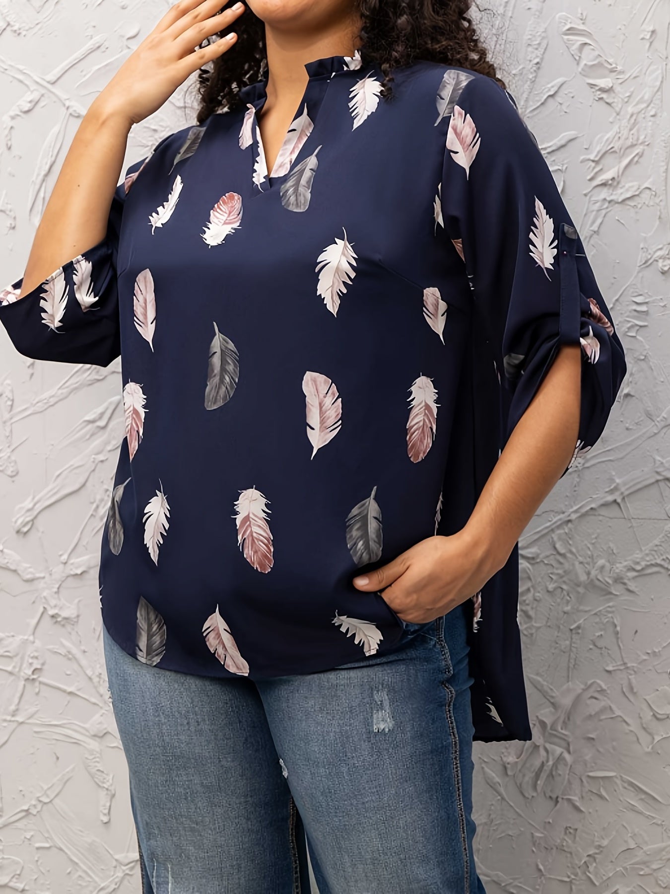  Casual Blouse Women's Plus Feather Print Long Sleeve
