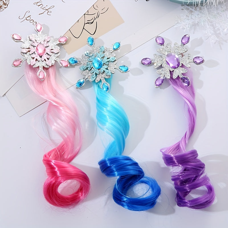 Colorful Braided Curly Wig Hairpin Ice Snow Snowflake Princess Ponytail Hairpin
