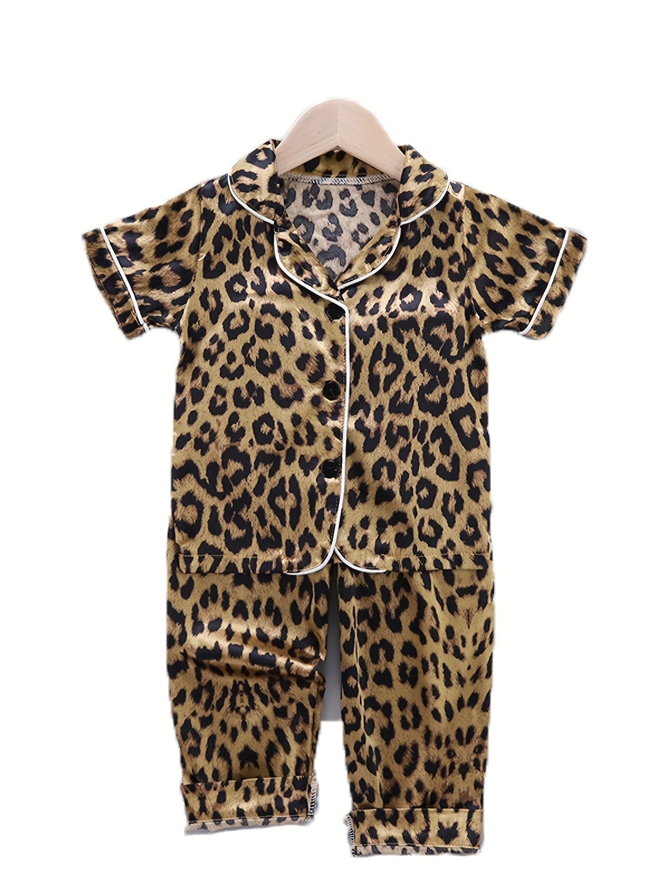 Kid's Leopard Satin Pajama Set Short Sleeve Top & Pants