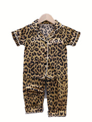 Kid's Leopard Satin Pajama Set Short Sleeve Top & Pants