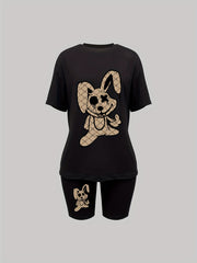  Goth Cartoon Rabbit Print Crop Top & Shorts Set