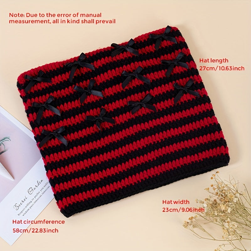 Y2K Striped Cat Ear Beanie Bow Knit Hat Hip Hop Elastic Skull Cap