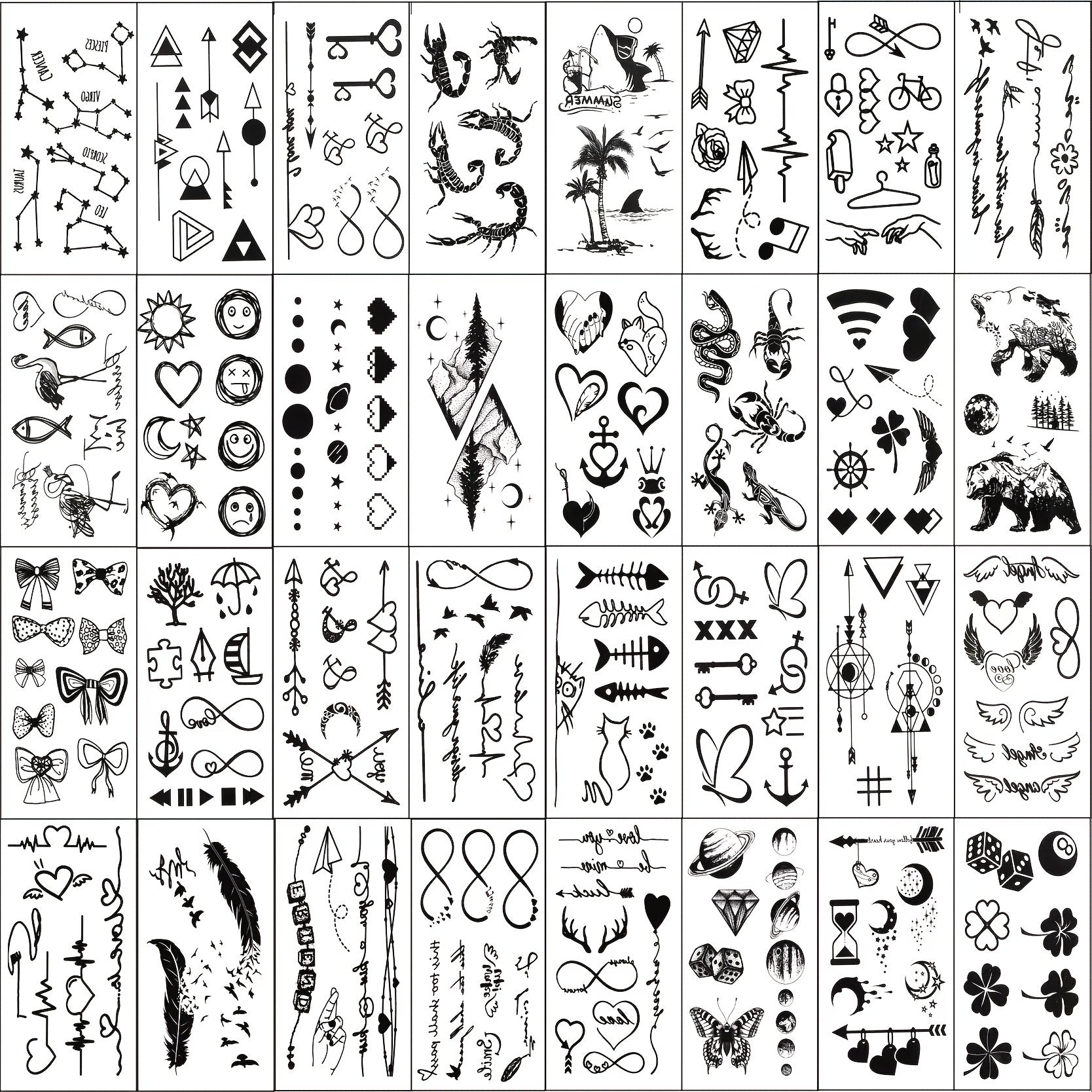 32 Sheet Temporary Tattoo Set Mix Hearts Butterflies Moons Planets