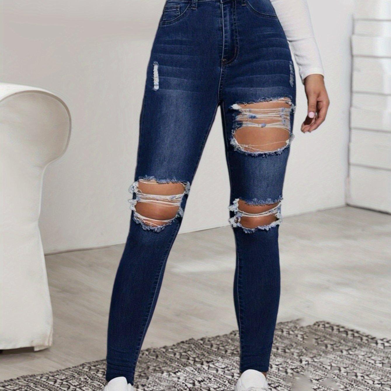 High Rise Distressed Skinny Jeans Slim Fit Denim Pants