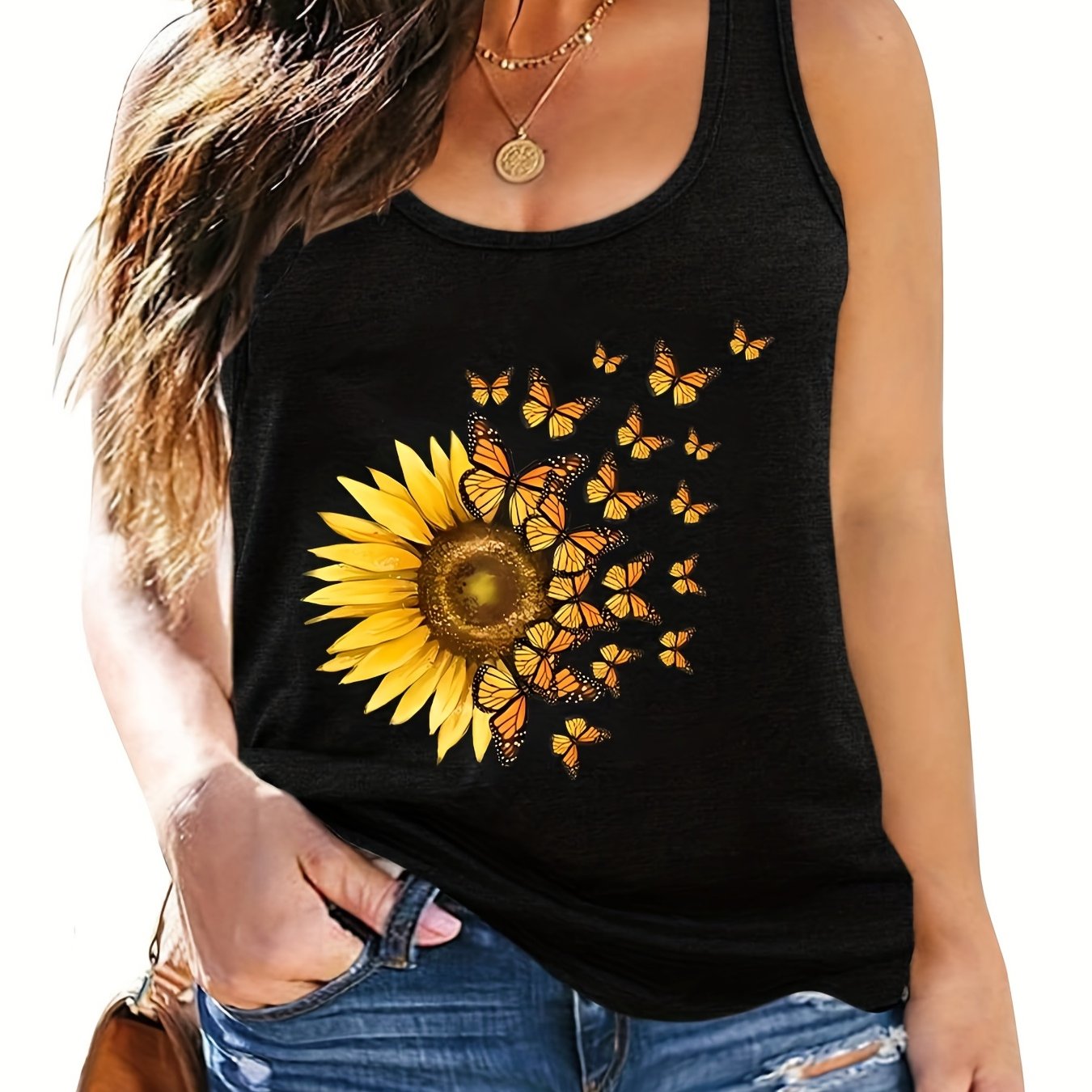  Sunflower & Butterfly Print Tank