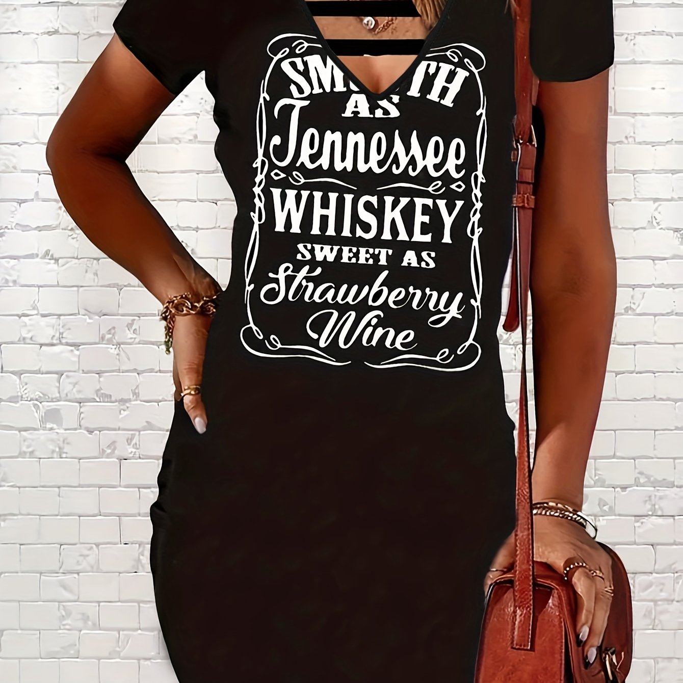  Women's V-Neck Letter Print Tee Dress