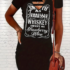  Women's V-Neck Letter Print Tee Dress