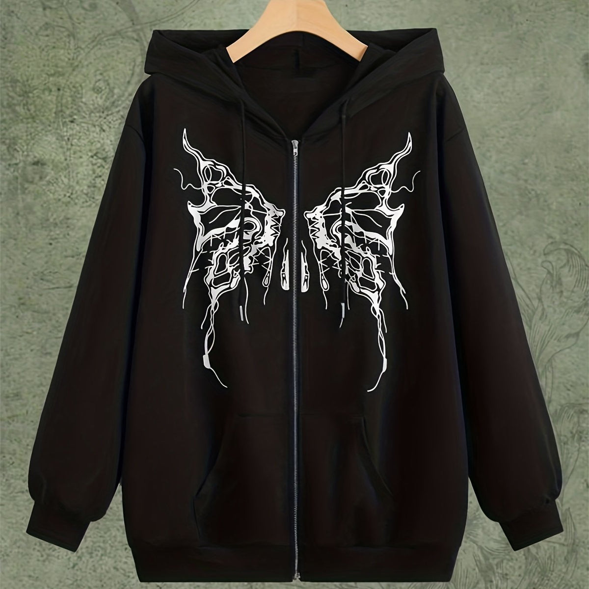 Skull Butterfly Print Zip Up Hoodie Long Sleeve Drawstring Hoodies