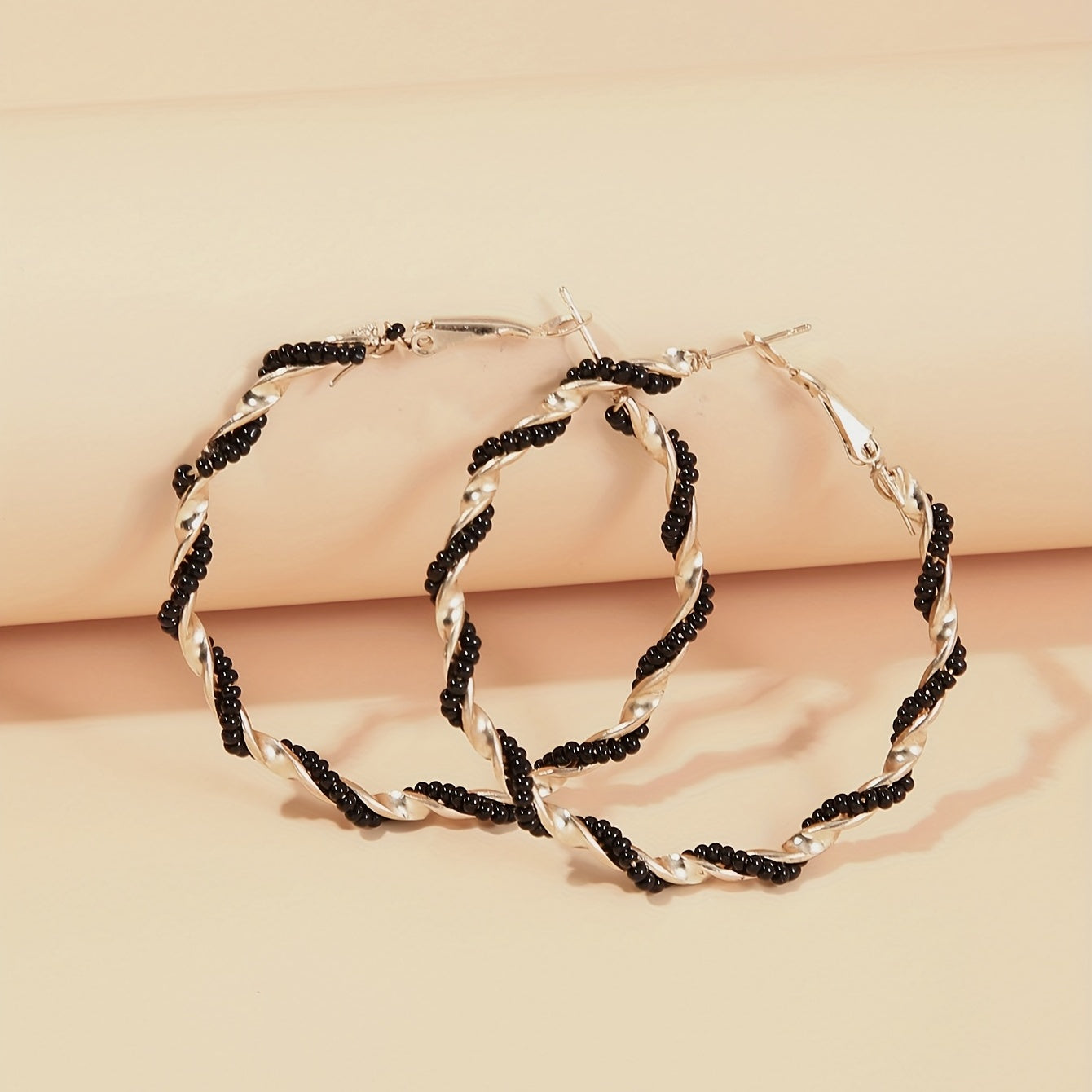 Boho Hoop Earrings With Beads Decor Stainless Steel Silver Plated Jewelry