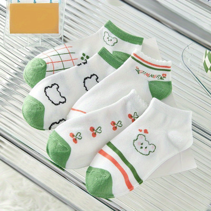 5 Pairs Cartoon Print Socks & Lightweight Low Cut Socks Women's