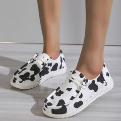 Women's Cow Pattern Canvas Lace-Up Sneakers Lightweight Outdoor Shoes