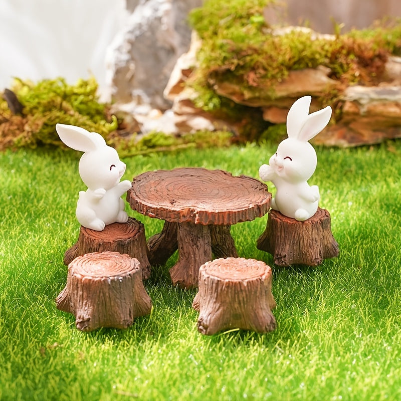 5pcs Mini Wooden Pile Table Chair Resin Ornaments Gardening Landscape Accessory