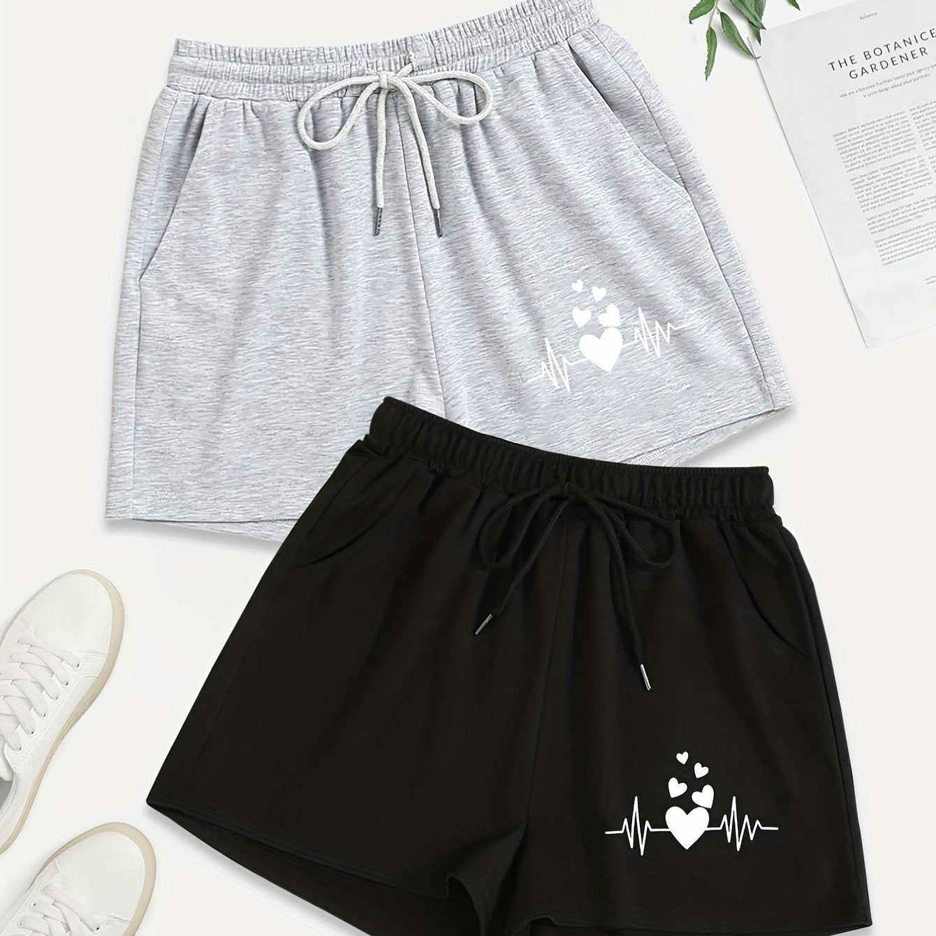 2 Pack Plus Size Casual Shorts Women's Plus Heart Print Drawstring Shorts