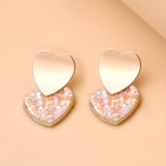 Double Heart Sequins Dangle Earrings 14K Plated Jewelry