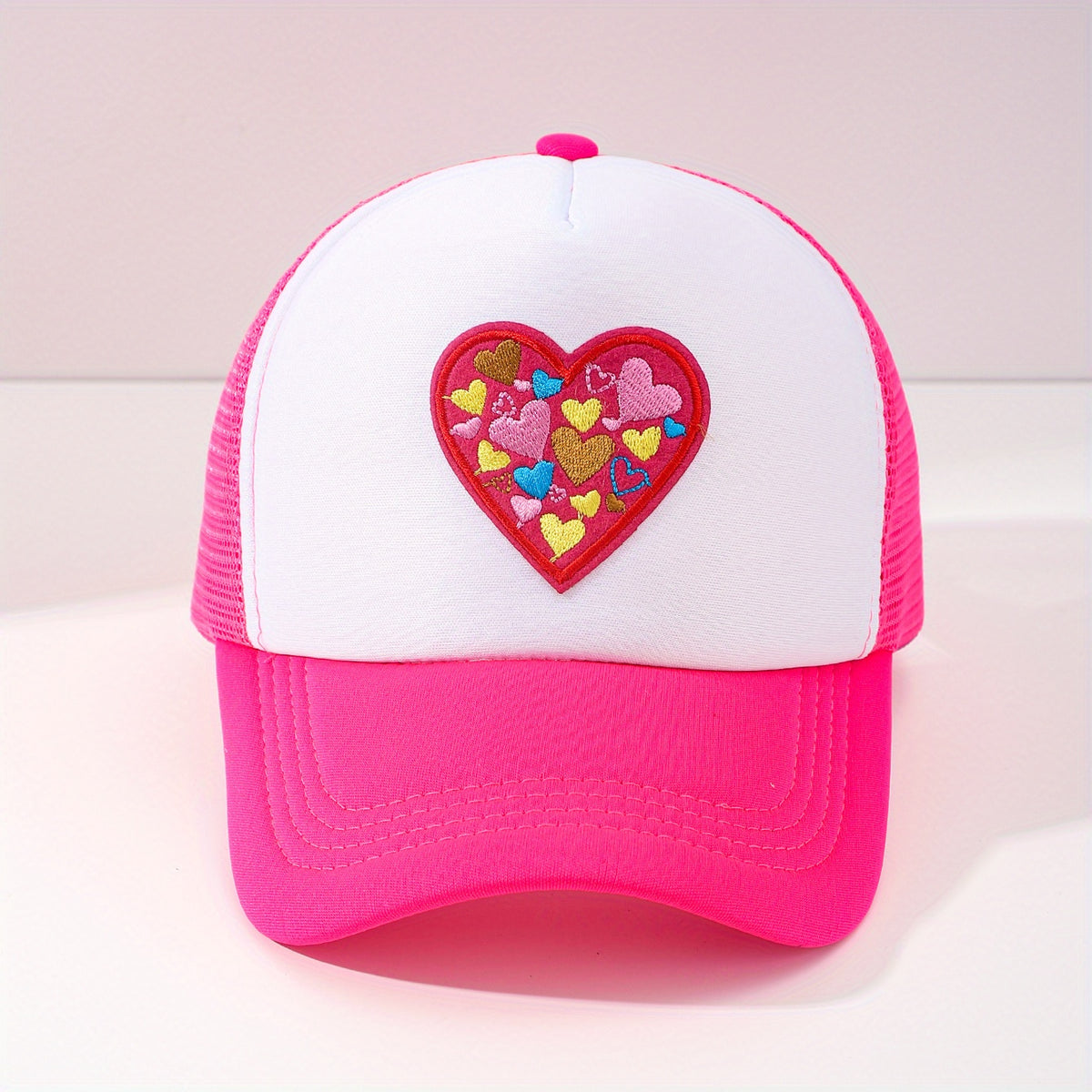 Heart Embroidery Cartoon Trucker Hat Rose Red Block Baseball Cap Mesh Breathable